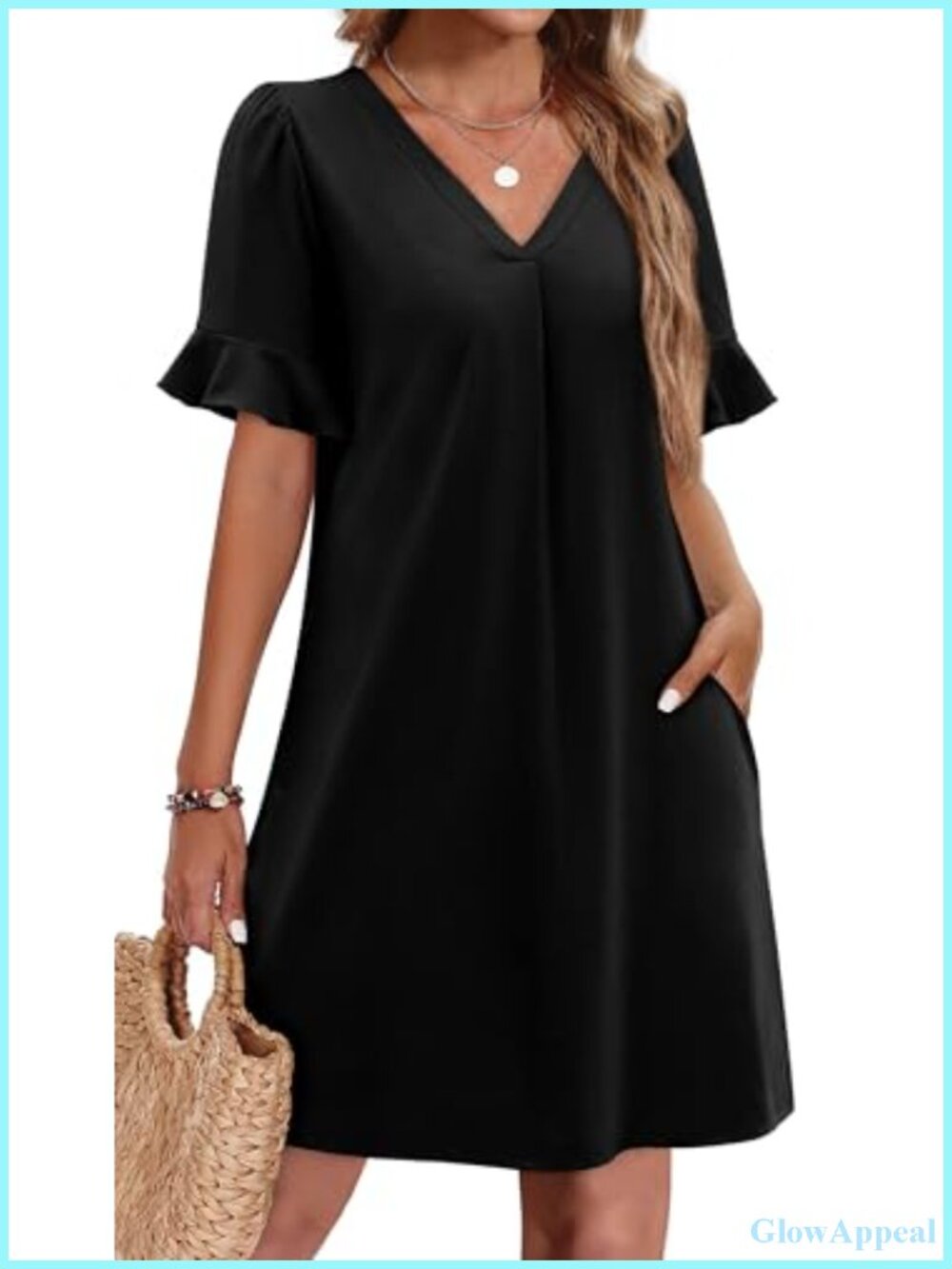 Ruffle Short Sleeve V Neck Shift Dress with Pockets